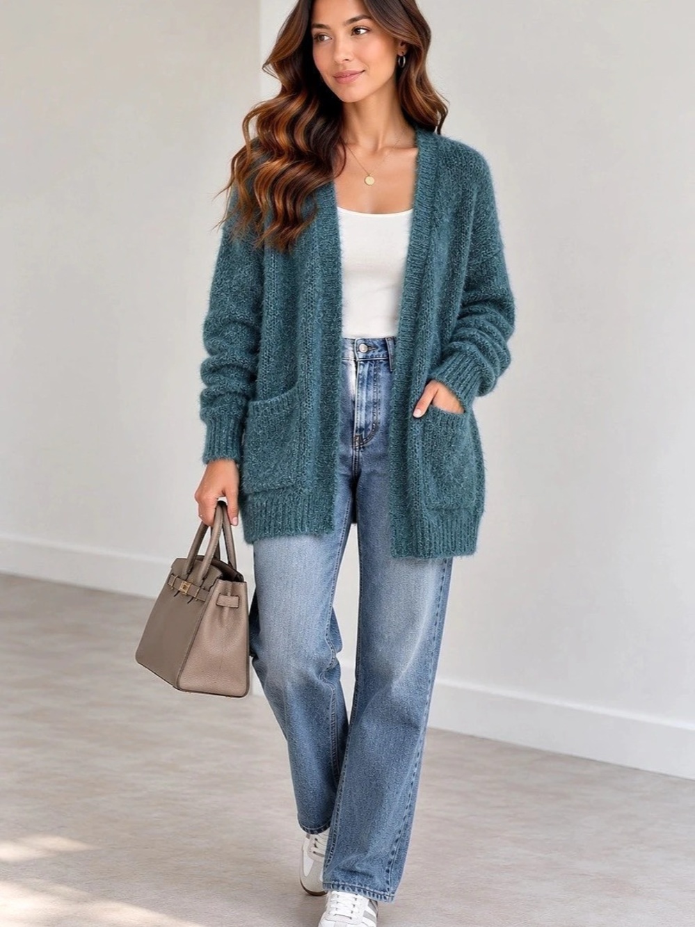 Vero Moda Fuzzy Open Front Cardigan in Teal Medium